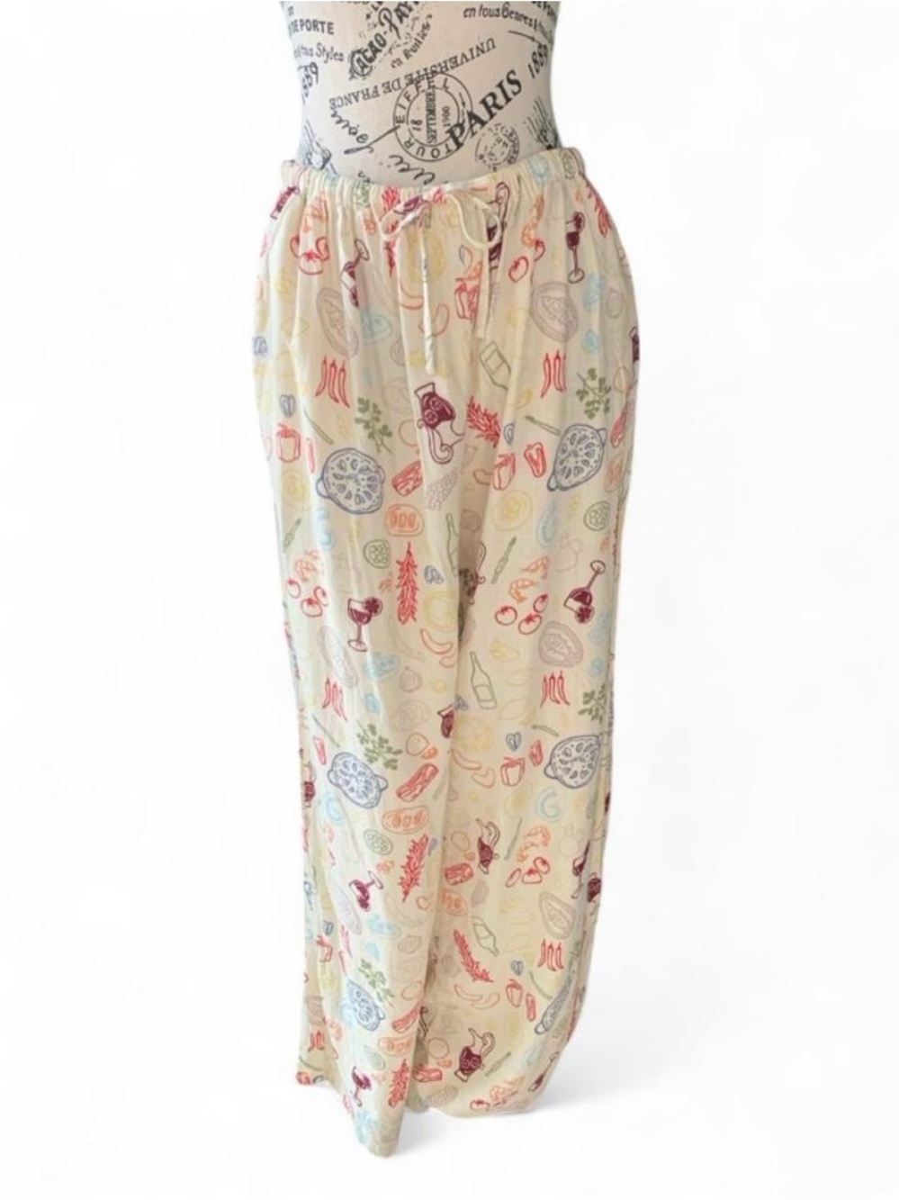 Sincerely Jules Women’s XL Ivory Multicolor Novelty Wide-Leg Drawstring Pants